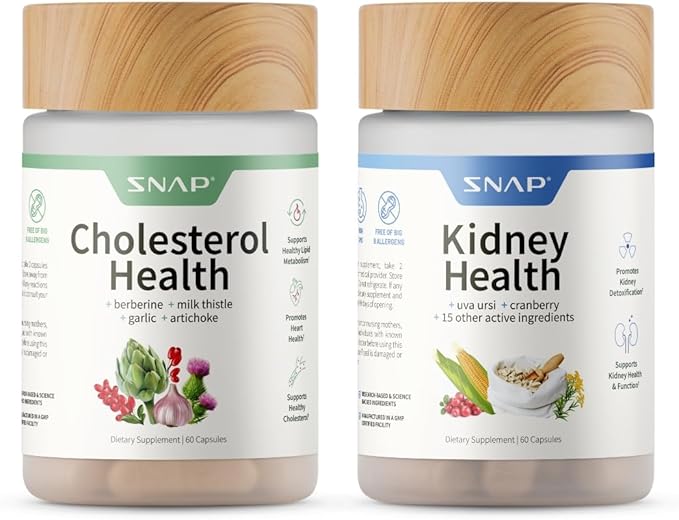 Snap Supplements Cholesterol Health +Kidney Health Bundle 60 Vegetarian Capsules Each