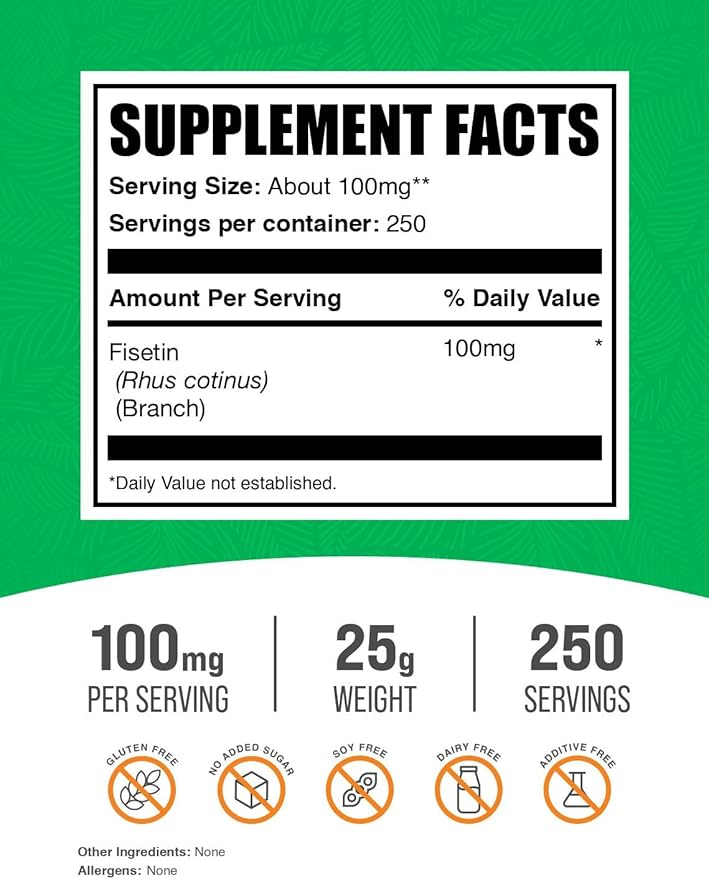 BulkSupplements.com Fisetin Powder - Nutritional Supplement Fisetin 100mg Antioxidants Source - Pure &amp Gluten Free 100mg per Serving 25g (0.88 oz) (Pack of 1)