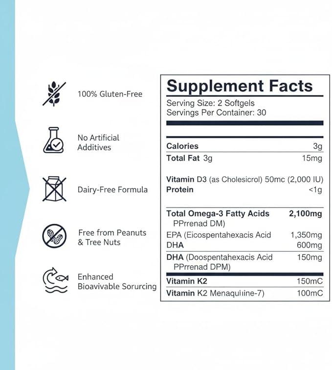 Triple Omega 3 Fish Oil 120 Softgels – Ultra-Pure EPA DHA DPA Blend Plus K2 &amp D3 – High Potency Softgel Capsules for Daily Nutritional Balance