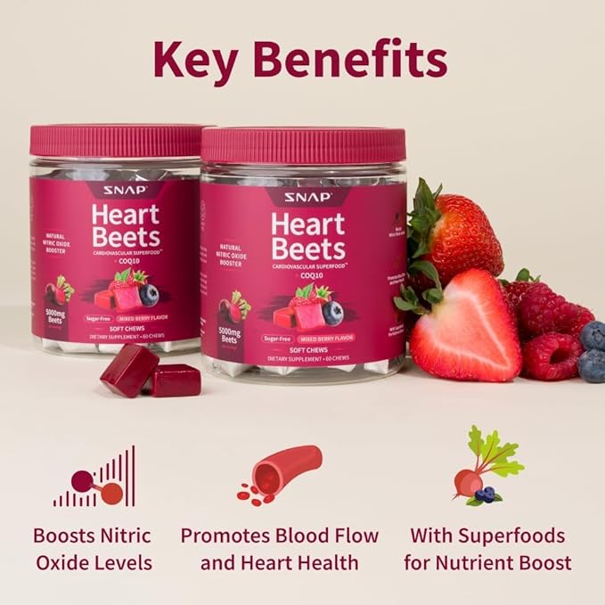 Snap Supplements Heart Beets Beet Root Soft Chews Cardiovascular Support Supplement for Men &amp Women CoQ10 &amp Acai Energy &amp Circulation Support Sugar Free Mixed Berry 60 Soft Chews