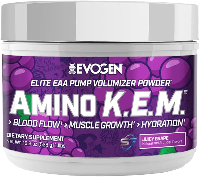 Evogen Amino K.E.M. - EAA &amp BCAA Powder Pump Volumizer | BCAAs Amino Acids Supplement for Blood Flow Muscle Growth &amp Hydration | Juicy Grape | 30 Servings