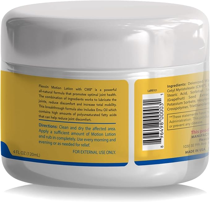 Flexcin Motion Lotion with CM8 - Joint &amp Muscle Therapy Cream for Back Neck Knee Hand Foot - Fast Absorbing with DMSO Emu Oil Aloe Vera - Non-Greasy 4oz Jar