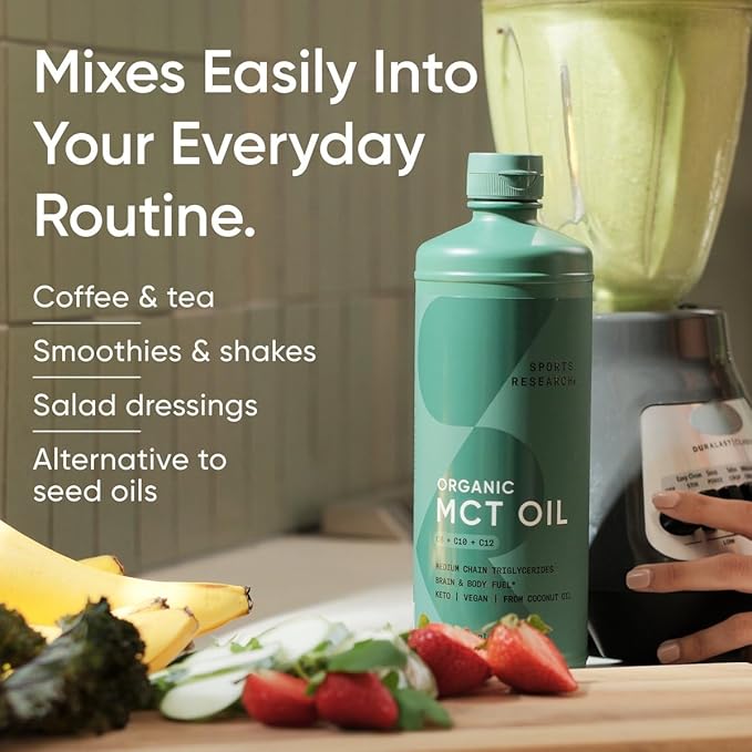 Sports Research Organic MCT Oil - Keto &amp Vegan MCTs C8 C10 C12 from Coconuts - Fatty Acid Brain &amp Body Fuel Non-GMO &amp Gluten Free - Flavorless Oil Perfect in Coffee Tea &amp Protein