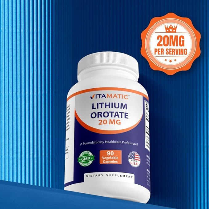 Vitamatic Lithium Orotate 20mg 90 Capsules - Veggie Caps Non-GMO Gluten Free- 2 Pack
