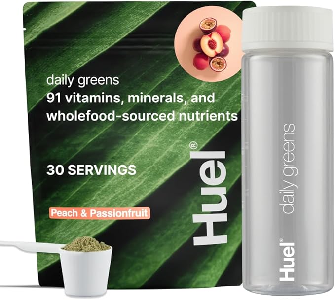 Huel Daily Greens Bundle | Peach Passionfruit Daily Greens Bag + Bottle | 30 Servings | Superfood Greens Powder | 91 Vitamins Minerals and Wholefood-Sourced Ingredient