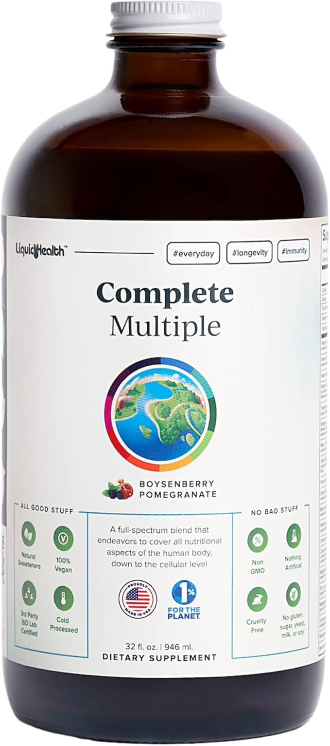 LIQUIDHEALTH Complete Multiple Adult Liquid Multivitamin - Essential Vitamins Minerals &amp Nutrients Immune Support Gut Health Energy Detox - Made in USA Vegan Non-GMO Sugar-Free (32 oz)