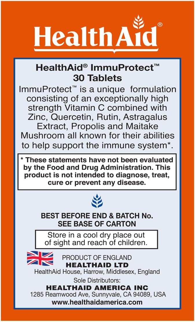 HealthAid Immuprotect Immune Defense Tablets – 30-Day Supply – Vitamin C Zinc Quercetin &amp Rutin with Maitake Propolis &amp Astragalus | Daily Vegetarian Antioxidant Support