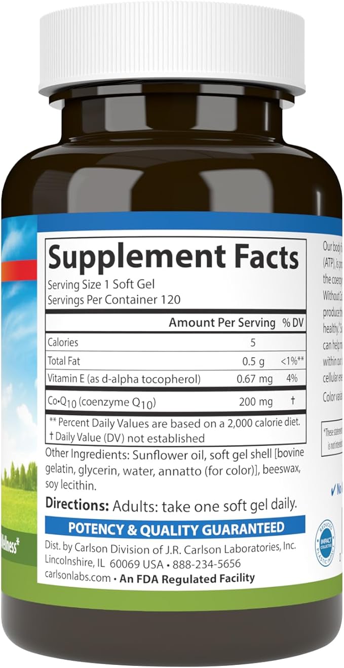 Carlson - Co-Q10 Co-Enzyme Q10 200 mg Energy Production &amp Heart Function 120 Softgels