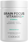 Codeage Brain Focus Vitamins+ Nootropic Supplement with Citicoline as Cognizin Panax Ginseng Resveratrol Gotu Kola Vitamin B12 Methylcobalamin - Liposomal Delivery - Non-GMO - 60 Capsules
