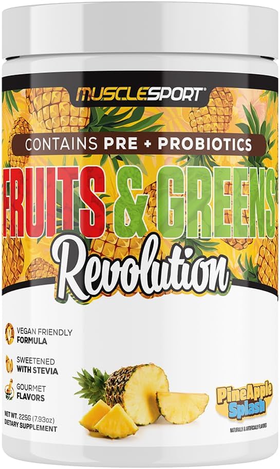 Musclesport Fruits &amp Greens - Fruit Vegetable and Antioxidant Supplement Including Wheat Grass and Spirulina Added Fiber and Probiotics - 30 Servings (Pineapple Splash)