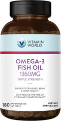 Vitamin World Triple Strength Omega 3 Fish Oil 1360 mg Supplement 950 mg Active Omega-3 Fatty Acids with EPA &amp DHA Supports Heart Brain &amp Joint Health Gluten Free 180 Softgels 6 Months S