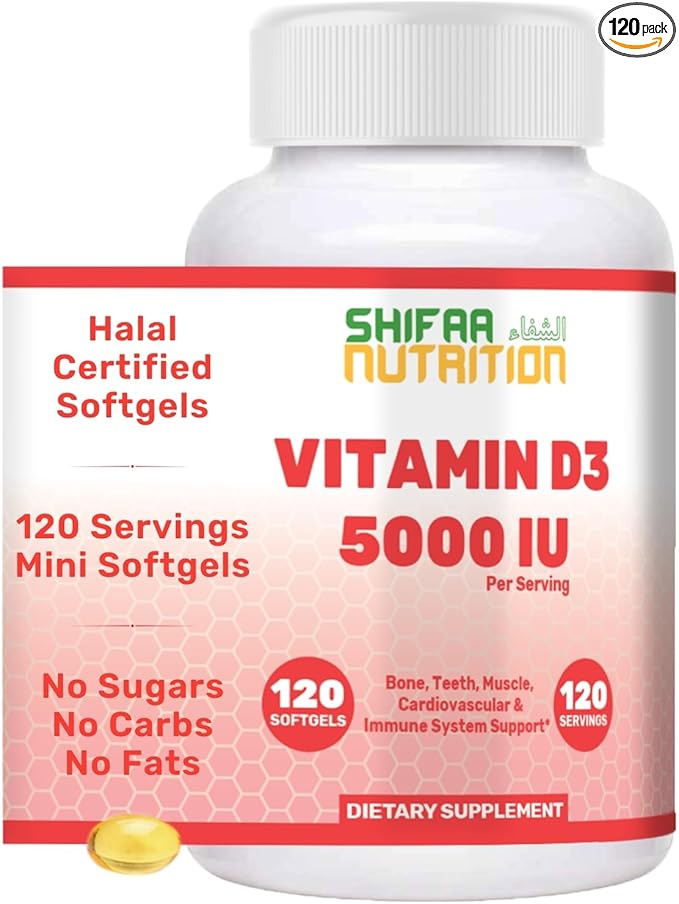SHIFAA NUTRITION Halal Vitamin D Halal Vitamin D3 5000 IU Softgels 120 Servings. Non-GMO Gluten-Free Supports: Structure Bones Teeth Heart Muscle &amp Immune Functions
