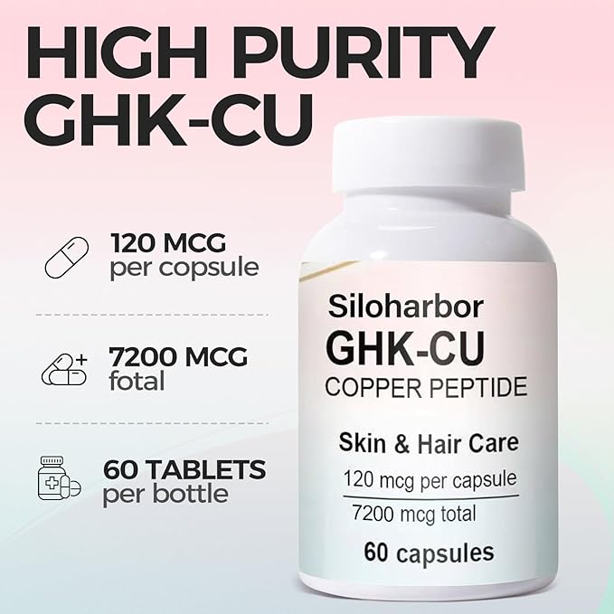 GHK-Cu Copper Peptide Supplement 120mcg High-Purity Supplement for Skin &amp Hair Enteric-Coated for Maximum Absorption Vegan &amp Gluten-Free (60 Count)