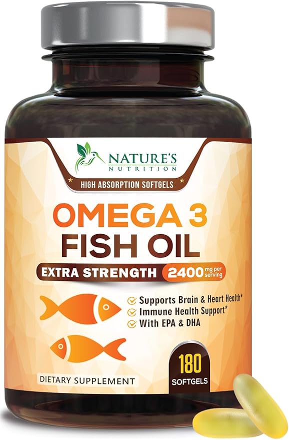 Omega 3 Fish Oil Supplements - 2400mg Fish Oil Per Serving - Triple Strength Omega-3 with EPA &amp DHA Fatty Acids - Natural Heart Brain &amp Immune Support - Wild Caught Bottled in USA - 180 Soft