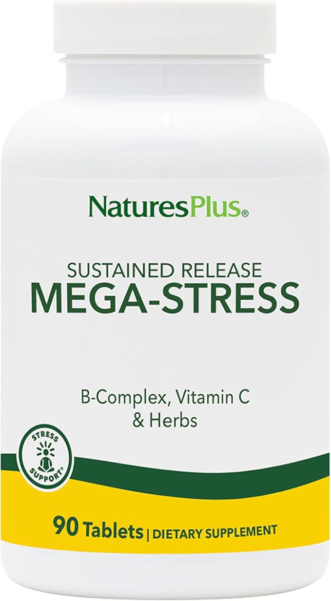 NaturesPlus Mega-Stress Complex Sustained Release - 90 Vegetarian Tablets - B Complex Vitamin C Stress Relief Supplement Chamomile &amp Herbs for Natural Calm - Gluten-Free - 90 Servings
