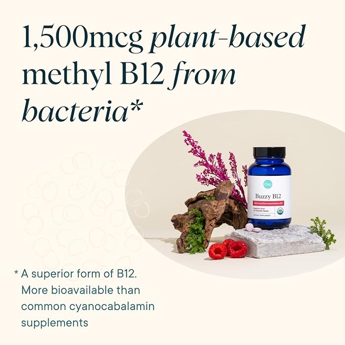 Ora Organic Vitamin B12 1500mcg - Plant-Based methylcobalamin for Adults - Natural Stimulant-Free Energy Raspberry Flavor chewable Tablets no Added Sugar - 30 Tablets