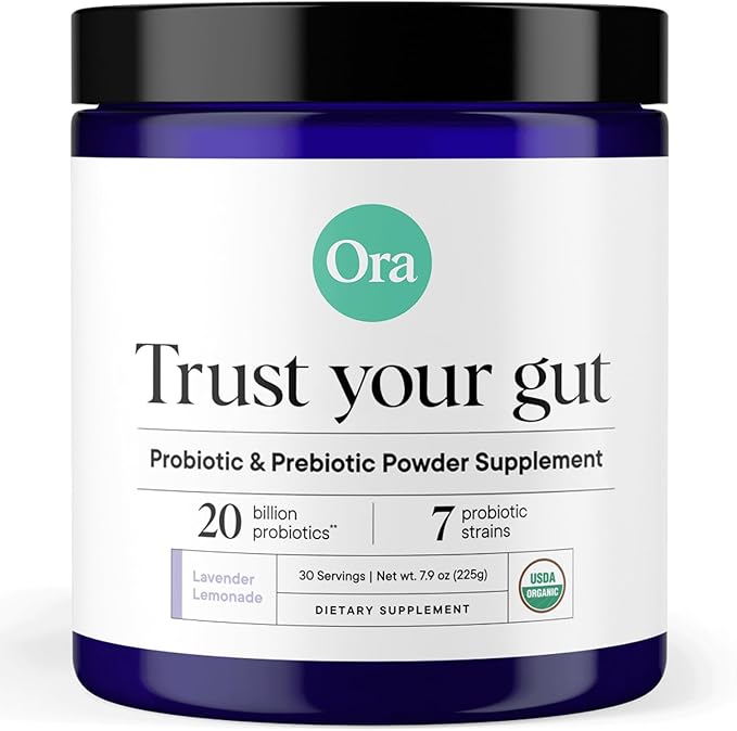 Ora Organic Prebiotic and Probiotic Powder Supplement - 20 Billion Probiotics 7 Strains for Best Prebiotic Powder Non-GMO Probiotics for Women Men &amp Kids - Lavender Lemonade Flavor 30 Serving
