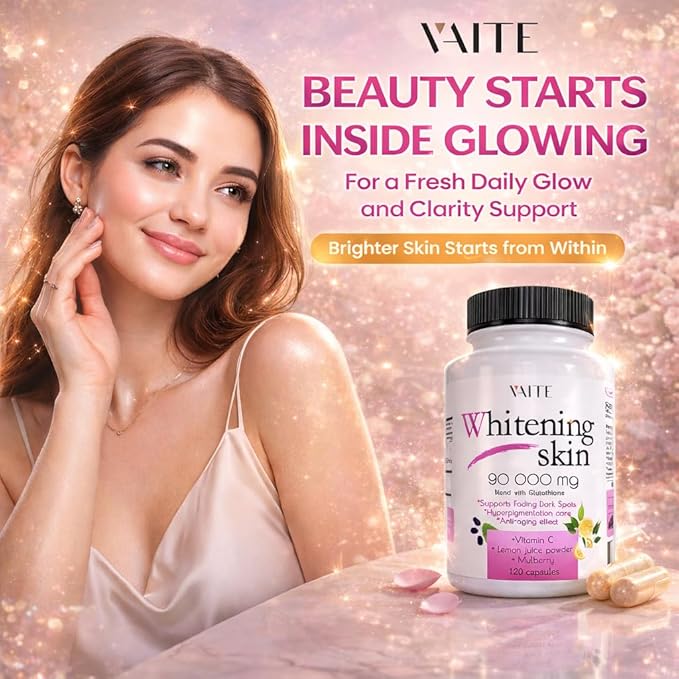 VAITE Glutathione Whitening Pills - Dark Spots &amp Acne Scar Remover - 90000mg - Vegan Skin Bleaching Pills with Anti-Aging &amp Antioxidant Effect - 120 Capsules