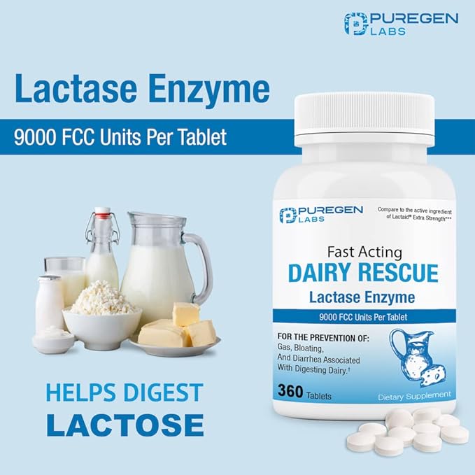 Puregen Labs Dairy Relief Fast Acting Lactase Enzyme 9000 FCC Lactose Intolerance Pills 360 Tablets
