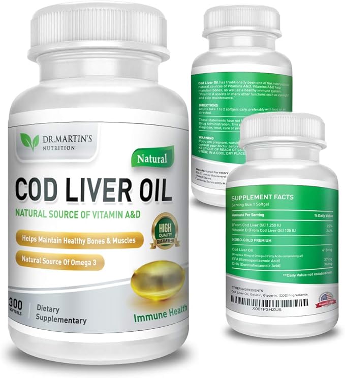 COD Liver Oil | 300 Softgels | Natural Source of Omega 3 Fatty Acids | Triple Strength | Best Immune Health Healthy Bones &amp Muscle Dietary Supplement |