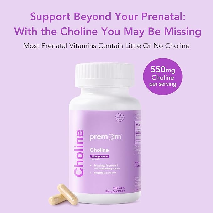 Premom Prenatal Choline Bitartrate Supplement: 550mg for Cognitive Development Meet Daily Needs– Nutritional Support for Pregnancy &amp Metabolism Baby Brain Development – 60 Capsules 30 Days Suppl