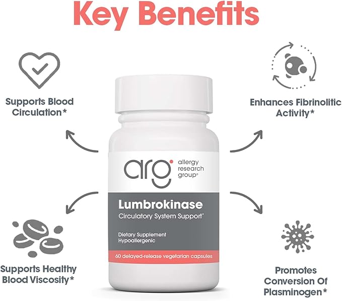 ARG Lumbrokinase Circulatory System Support - Delayed-Release Enzyme Supplement - Circulatory &amp Cardiovascular Health - Supports Healthy Blood Flow - Non-GMO &amp Gluten-Free - 30 Servings - 60 C