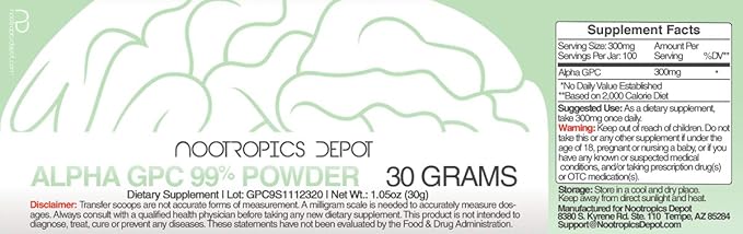 Nootropics Depot Alpha-GPC 99% Powder | 30 Grams | Brain Booster | Choline Supplement | Supports Brain Health Memory and Focus