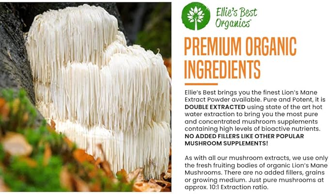 Ellie's Best Lions Mane Mushroom Extract Powder Supplement Organic 114 Servings - Double Extracted for Highest Potency - Dissolves in Coffee Tea Juice etc.4oz