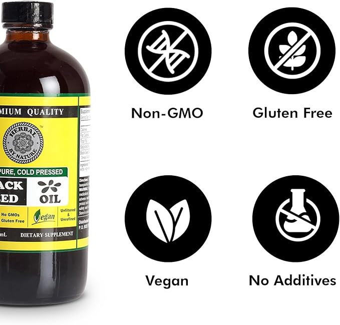 Pure Black Seed Oil - 100% Pure Nigella Sativa - Cold Pressed - Vegan - Non GMO - 16 oz - in Glass Bottle - Herbal by Nature