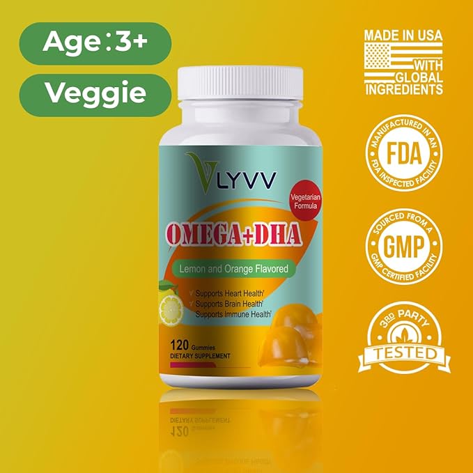 Omega Plus DHAfor Adults and Kids Lemon Flavor -120 Gummies - Omega 3 6 9 and DHA - Promotes Brain &amp Heart Health - Veggie - 40 Servings (1)