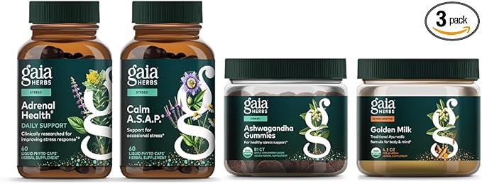 Gaia Herbs Calm Kit - Adrenal Health Daily Support Calm A.S.A.P. Ashwagandha Gummies Golden Milk