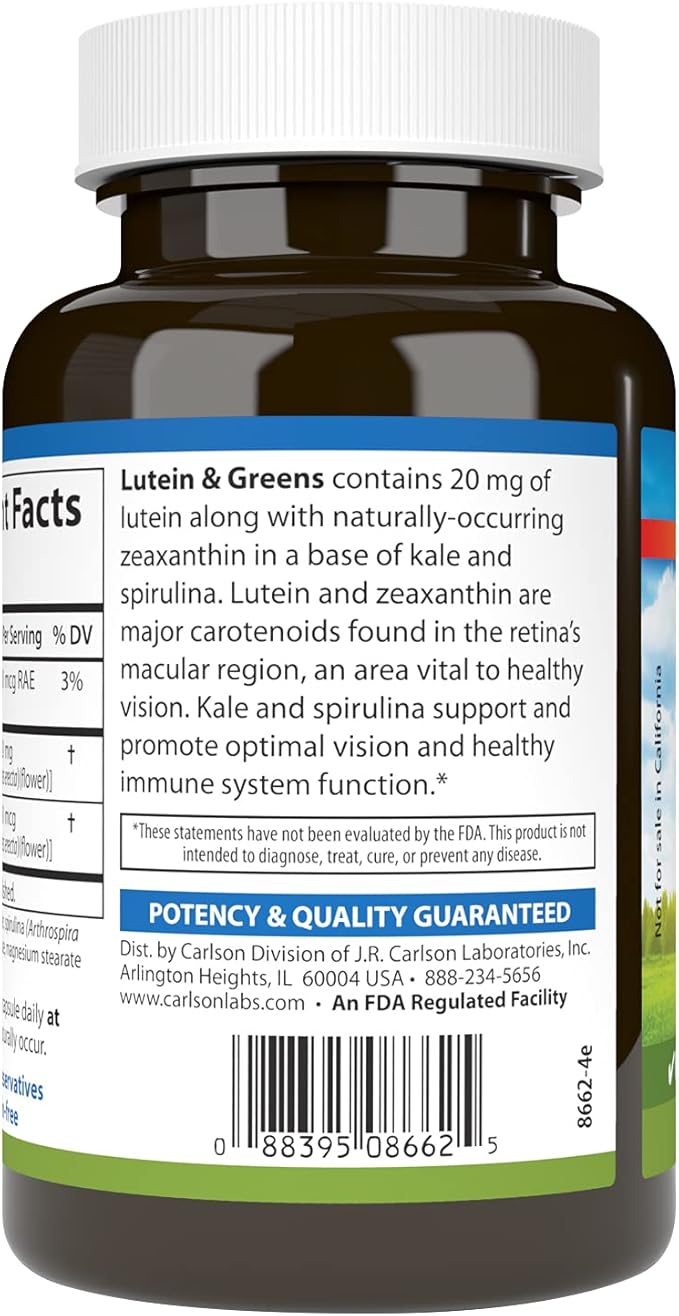 Carlson - Lutein &amp Greens 20 mg Vision Support &amp Eye Function Antioxidant 180 Vegetarian Capsules