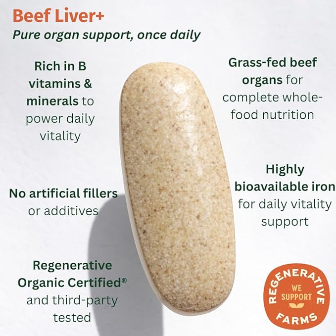 Beef Liver+ – Regenerative Organic Certified Grass-Fed Liver Supplement – Natural Source of Iron Vitamin A &amp B12 – Supports Energy Detox &amp Metabolic Health – 90 Capsules