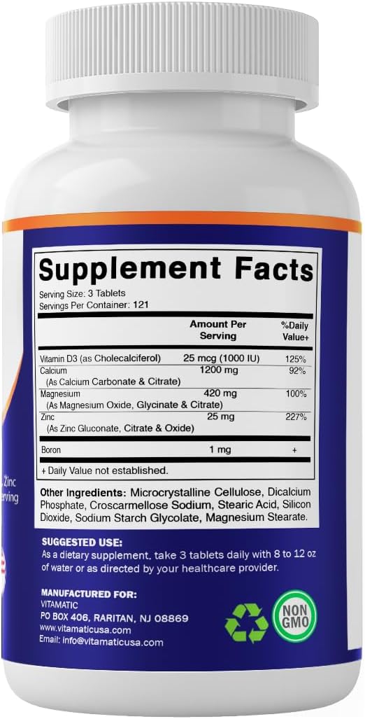 Vitamatic Calcium Magnesium Zinc D3 Boron | 365 Coated Tablets Supplement | Calcium 1200 mg Magnesium 420mg Zinc 25mg Vitamin D3 1000 IU Boron 1 mg | Non-GMO | Gluten Free | Made in USA-2 Pack