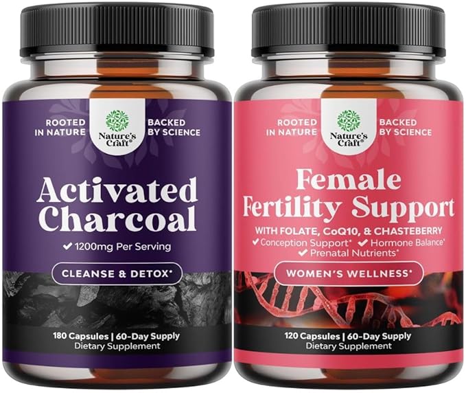 Bundle of Activated Charcoal Pills Detox &amp Cleanse - Purifying Coconut Capsules with 1200 mg Per Serving for Bloating Relief and Fertility Supplement Prenatal Multivitamins - Female Fertility Supp