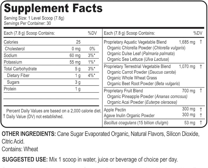 Yummy Greens Drink Mix with Sea Lettuce Dulse Acai Pineapple and probiotic for Energy Vitality and Wellness. Product is Patented Gluten Free Thyroid Friendly