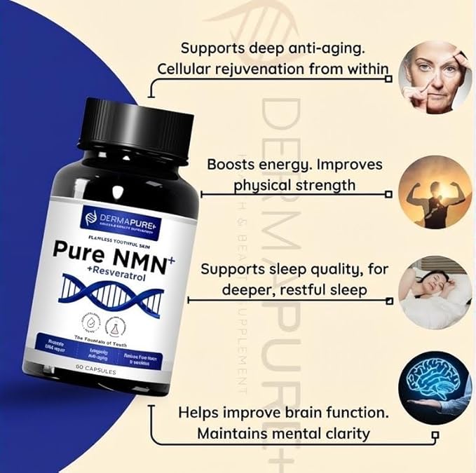 Dermapure NMN+ Supplement 4-in-1 – Support Youthful Skin Longevity Anti-Aging Reduces Fine Lines &amp Wrinkles Supports NAD+ Levels GMP Certified &amp FDA Registered – 60 Capsules (1 Pack)