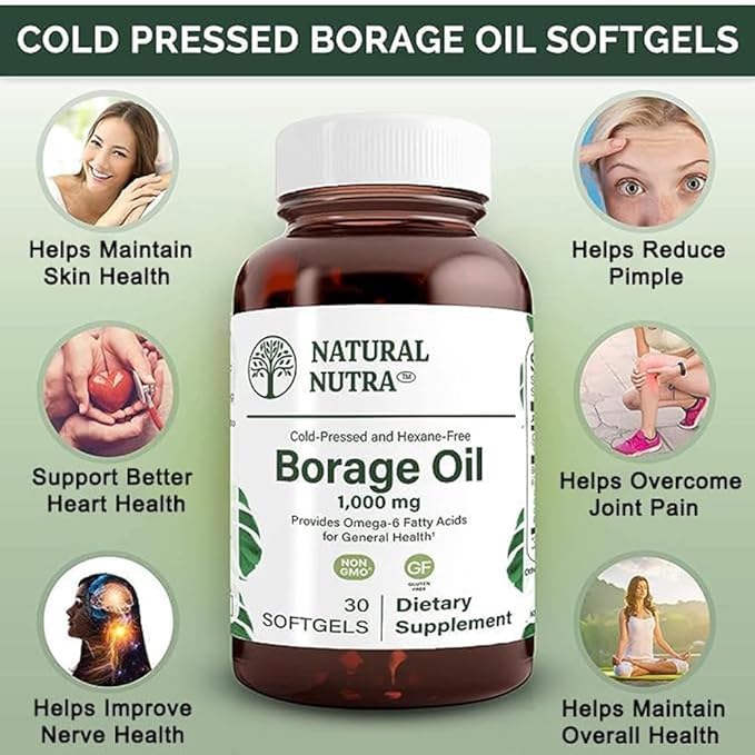 Natural Borage Oil Supplement – Rich in Gamma-linolenic Acid (GLA) A Potent Omega-6 Essential Fatty Acid Known for Supporting Skin Nerve and Joint Health 30 Soft gels.