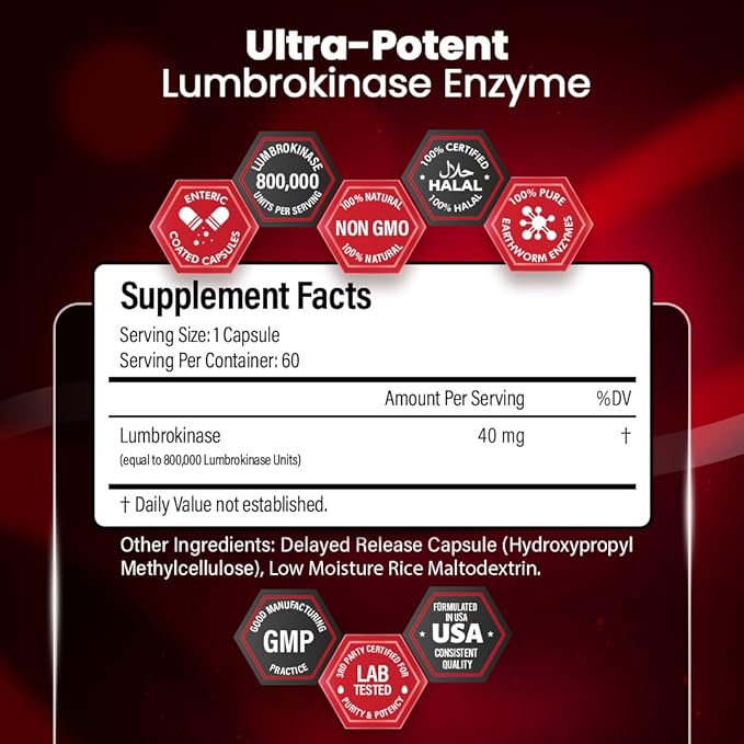 Lumbrokinase Supplement 40mg (60 Capsules) - Maximum Activity-800000 UI - Pure Lumbrokinase Enzymes Digestive enzymes Better Than serrapeptase Nattokinase Supplement Lab Tested Non GMO