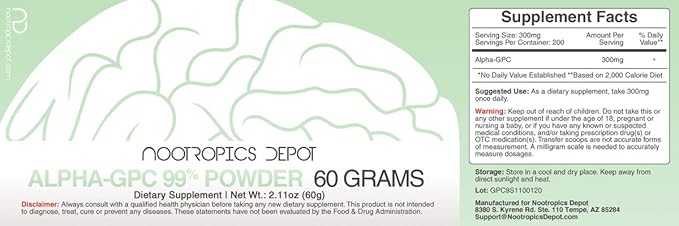 Nootropics Depot Alpha-GPC 99% Powder | 60 Grams | Brain Booster | Choline Supplement | Supports Brain Health Memory and Focus