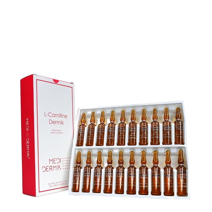 L-Carnitine Dermik 20 Ampoules x 5 ml (3.38 fl oz) targeted formula designed to support fat metabolism and improve the appearance of skin in areas prone to cellulite and loss of firmness.
