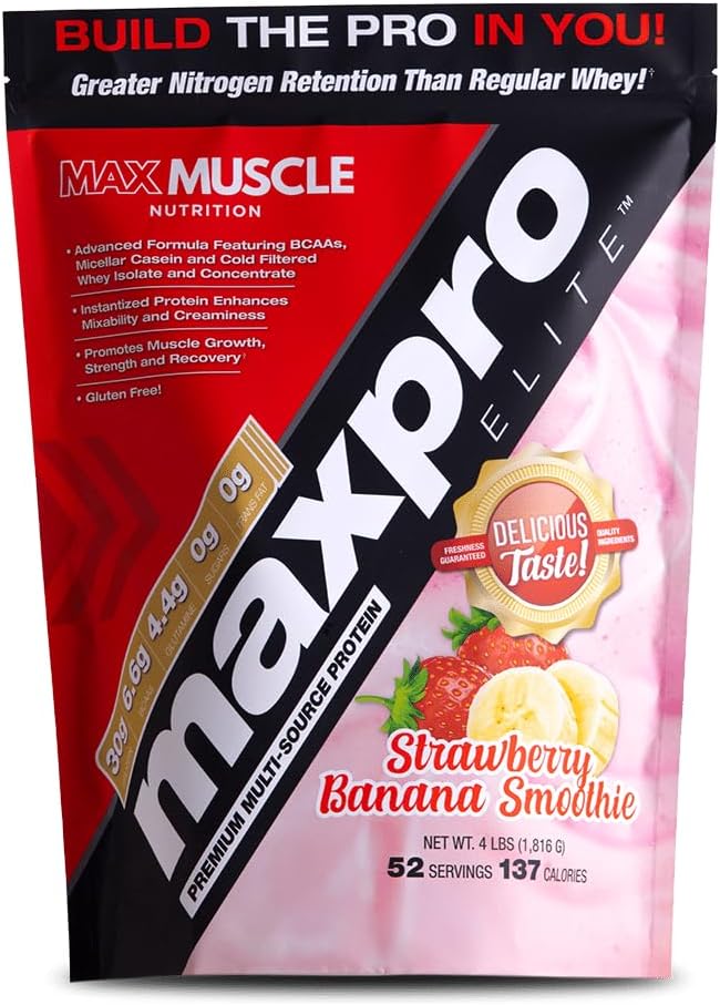 Max Muscle Maxpro Elite Whey Protein Powder | 30g Protein | 0g Sugar | 6.6g BCAAs | Micellar Casein Cold Filtered Whey Isolate Protein | Promotes Muscle Growth &amp Recovery (Strawberry Banana 4lb)