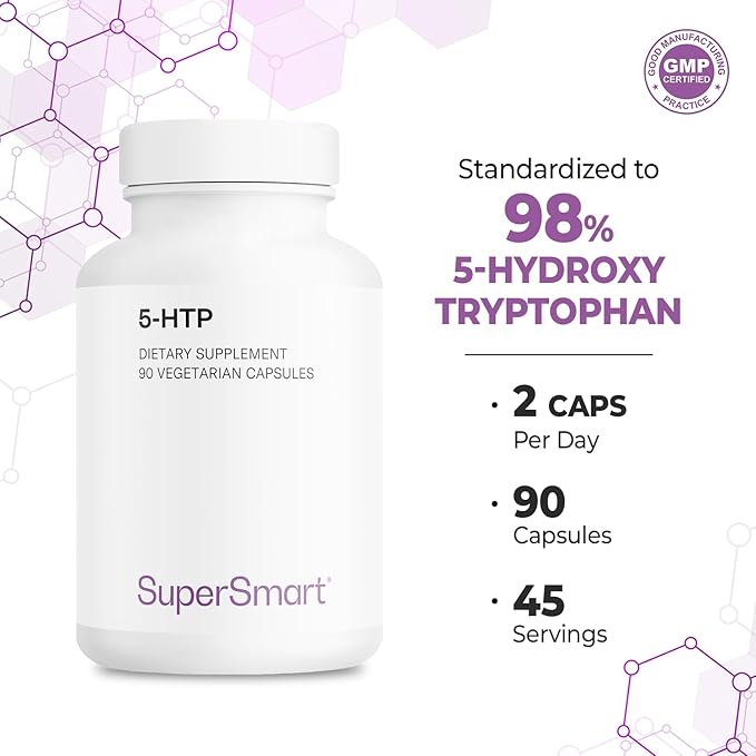 Supersmart - 5-HTP 100mg Per Day - Natural Energy Pills | Non-GMO &amp Gluten Free - 90 Vegetarian Capsules