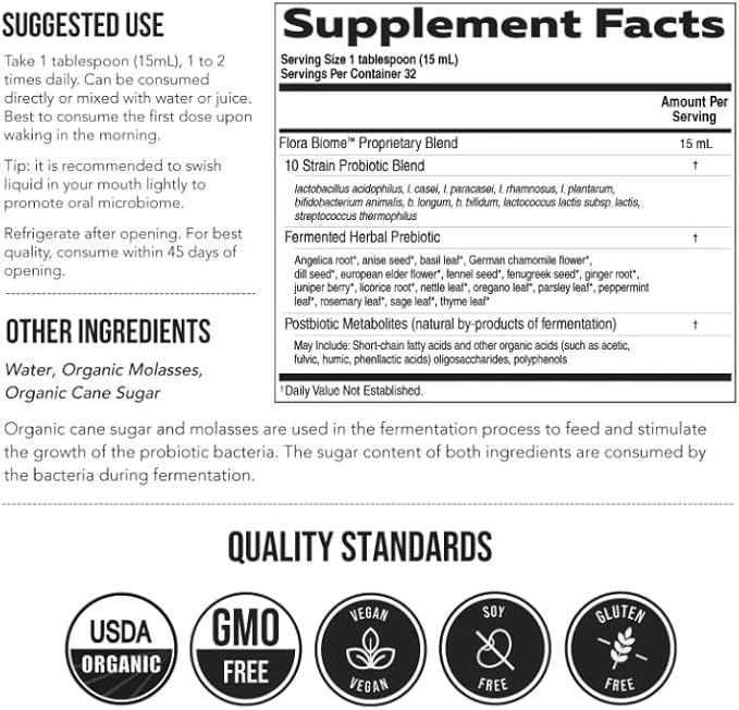 Flora Biome - Live Probiotic Prebiotic &amp Postbiotic – Organic Live-Culture – 10 Probiotic Strains 18 Fermented Herbs - Complete Gut Health &amp Microbiome Optimizer (16 oz)