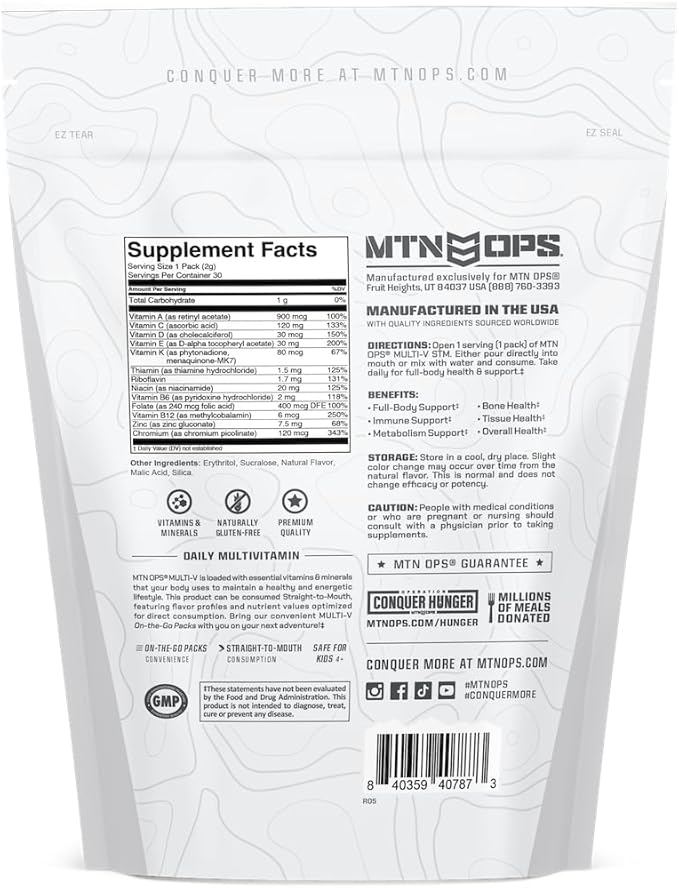 MTN OPS Multi‑V STM On‑the‑Go Daily Multivitamin for Men Women &amp Kids – Straight‑to‑Mouth Vitamin C D3 B Zinc Packs – Gluten Free Natural Flavors 30 Servings