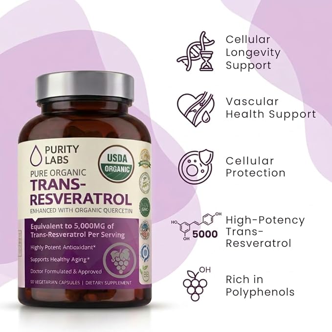 Purity Labs Trans-Resveratrol Supplement 5000 mg Equivalent per Serving with Quercetin USDA Organic High Potency Antioxidant Vegan Capsules 90 Count
