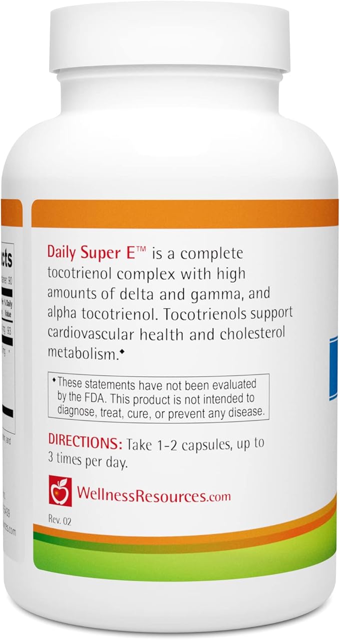 Wellness Resources Daily Super E Tocotrienol Complex - Full Spectrum Vitamin E with Delta Gamma &amp Alpha Tocotrienols for Antioxidant Protection Soy-Free Natural Source Non-GMO (180 Caps)