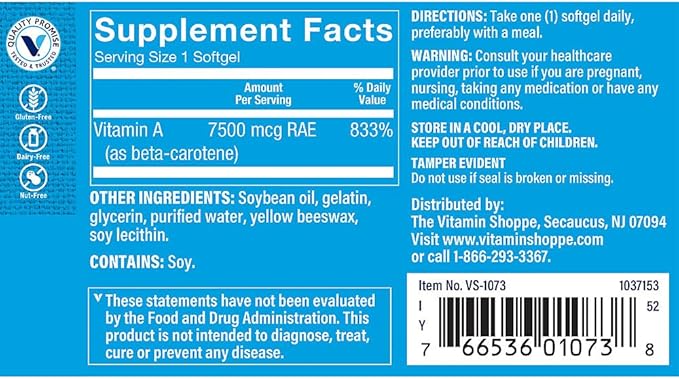 The Vitamin Shoppe Beta-Carotene 25000IU Vitamin A - Antioxidant Vision &amp Immune | Pro-Vitamin A Carotenoid | 300 Softgels | Eye Health