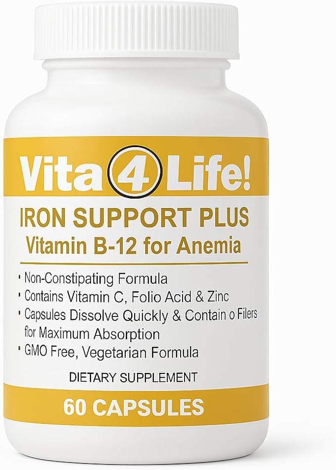 Vita4Life!® Iron Support Plus - 40mg Iron with Vitamin C B-12 Folic Acid &amp Zinc - 60 Capsules - Non-Constipating Formula for Red Blood Cell Support &amp Energy - Vegetarian &amp GMO-Free
