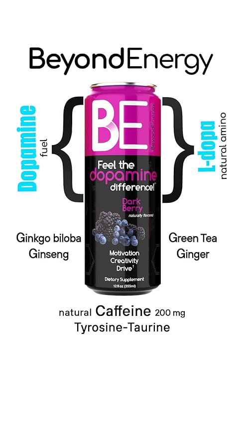 Beyond Energy - 24 Pack - Dark Berry Herbal Energy Drink Naturally Sourced L-Dopa with Mucuna Pruriens Aminos Antioxidants 200mg Caffeine - (Dark Berry)